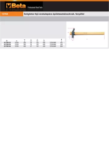Beta 1376X Szögletes fejű ácskalapács épületasztalosoknak, fanyéllel 300g