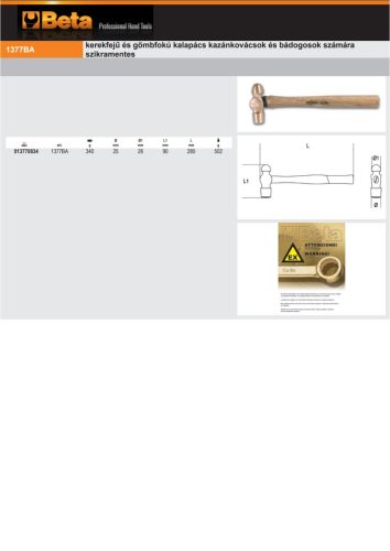 Beta 1377BA 340 kerekfejű és gömbfokú kalapács kazánkovácsok és bádogosok számára szikramentes