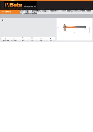 Beta 1377BA 340PL Kerekfejű és gömbfokú kalapács kazánkovácsok és bádogosok számára, Faser nyél, szikramentes