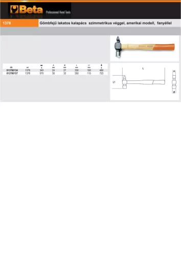 Beta 1378 Gömbfejű lakatos kalapács szimmetrikus véggel, amerikai modell, fanyéllel 340g