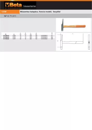 Beta 1379F Műszerész kalapács, francia modell, fanyéllel 16mm