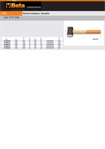 Beta 1380 Ráverő kalapács, fanyéllel 1500g