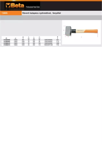Beta 1380S Ráverő kalapács nyélvédővel, fanyéllel 1000g