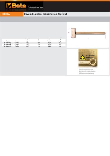 Beta 1380BA Ráverő kalapács, szikramentes, fanyéllel 1000g