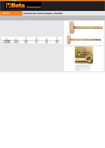 Beta 1381BA Szikramentes ráverő kalapács, fanyéllel 5000g
