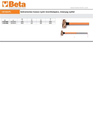 Beta 1381BA/PL Szikramentes hosszú nyelű ráverő kalapács, műanyag nyéllel 5000
g