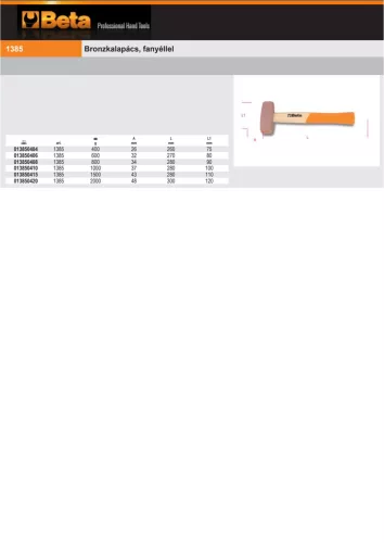 Beta 1385 Bronzkalapács, fanyéllel 1000g