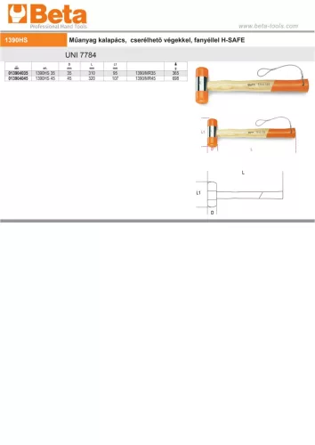 Beta 1390HS Műanyag kalapács, cserélhetõ végekkel, fanyéllel H-SAFE 35mm
