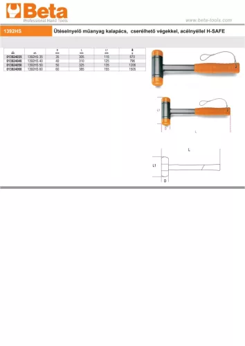 Beta 1392HS Ütéselnyelő műanyag kalapács, cserélhető végekkel, acélnyéllel H-SAFE 35mm