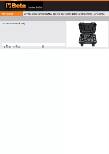 Beta 1471M/C22 Levegős tárcsafékdugattyú szerelő szerszám, jobb és balmenetes, tartozékkal