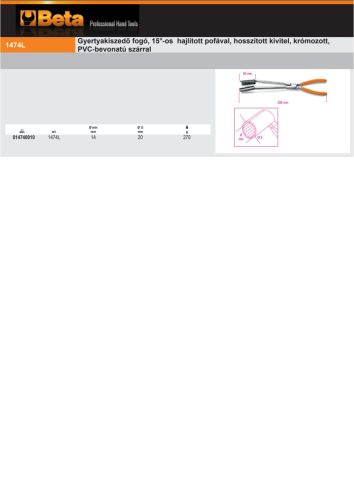 Beta 1474L Gyertyakiszedő fogó, 15°-os hajlított pofával, hosszított kivitel, krómozott, PVC-bevonatú szárral