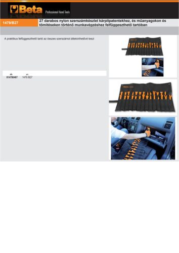 Beta 1479/B27 27 darabos nylon szerszámkészlet kárpitpatentekhez, és műanyagokon és tömítéseken történő munkavégzéshez felfüggeszthető tartóban