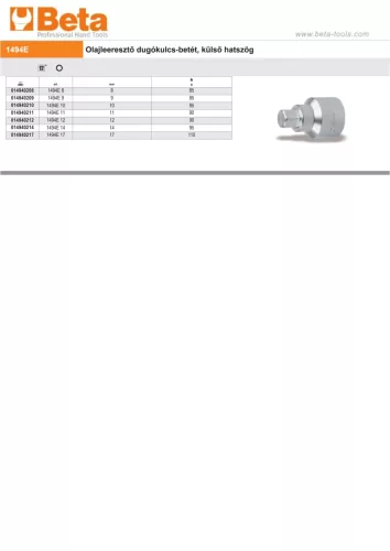 Beta 1494E 9 Olajleeresztő dugókulcs-betét, külső hatszög