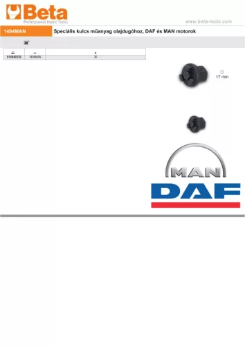 Beta 1494MAN Speciális kulcs műanyag olajdugókhoz, Daf, és Man motorokhoz