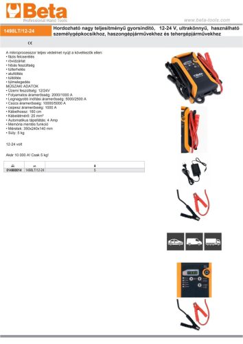 Beta 1498LT/12-24 Hordozható nagy teljesítményű gyorsindító, 12-24 V, ultrakönnyű