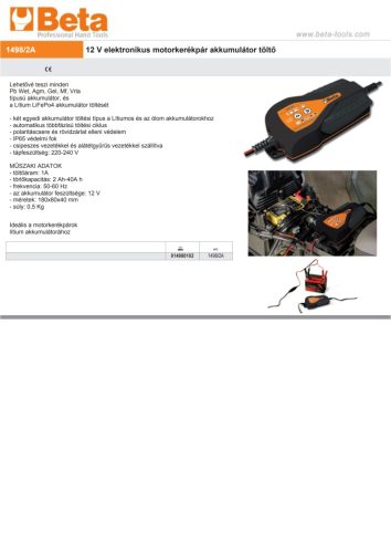Beta 1498/2A 12 V elektronikus motorkerékpár akkumulátor töltő