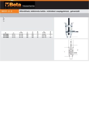 Beta 1511/2 Átfordítható, kétkörmös kettős működésű csapágylehúzó, galvanizált 40÷150mm