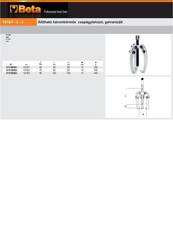 Beta 1516/1 Állítható háromkörmös csapágylehúzó, galvanizált 60mm