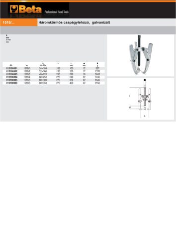 Beta 1518/2 Háromkörmös csapágylehúzó, galvanizált 32÷160mm