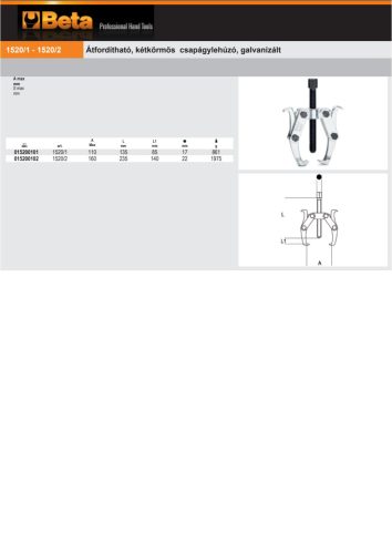 Beta 1520/1 Átfordítható, kétkörmös csapágylehúzó, galvanizált 110mm