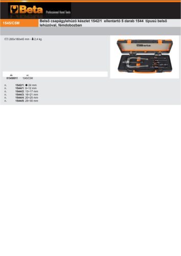 Beta 1545/C5M 6 részes belső csapágylehúzó készlet Beta 1542/1 ellentartóval és 5 darab Beta 1544 típusú belső lehúzóval, fémdobozban