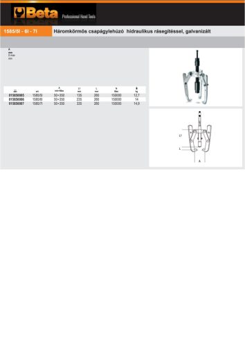 Beta 1585/6I Háromkörmös csapágylehúzó hidraulikus rásegítéssel, galvanizált 235mm