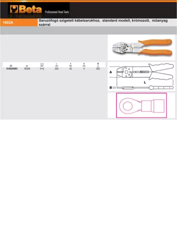 Beta 1602A Saruzófogó szigetelt kábelsarukhoz, standard modell, krómozott, műanyag szárral