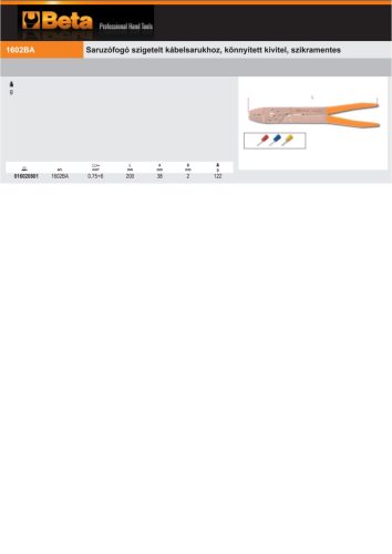 Beta 1602BA Saruzófogó szigetelt kábelsarukhoz, könnyített kivitel, szikramentes