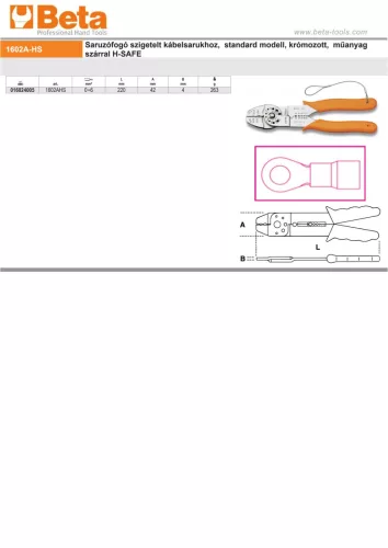 Beta 1602AHS Saruzófogó szigetelt kábelsarukhoz, standard modell, krómozott, műanyag szárral