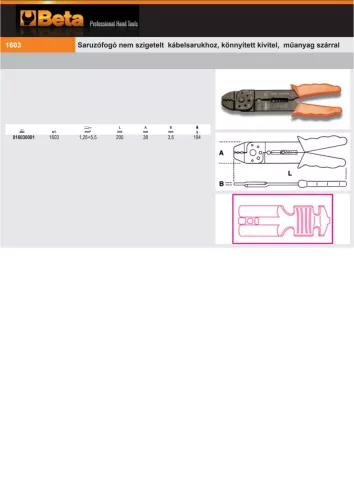 Beta 1603 Saruzófogó nem szigetelt kábelsarukhoz, könnyített kivitel, műanyag szárral