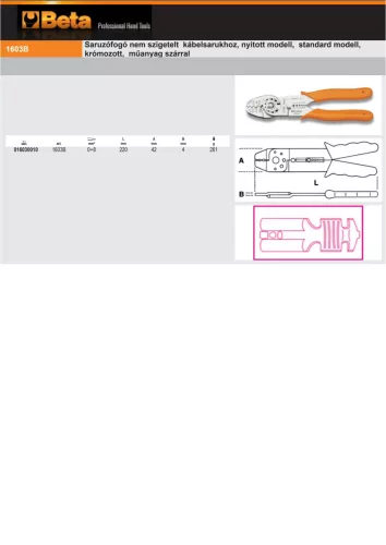 Beta 1603B Saruzófogó nem szigetelt kábelsarukhoz, nyitott modell, standard modell, krómozott, műanyag szárral