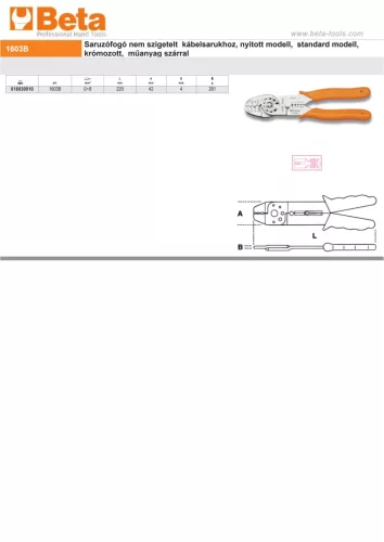 Beta 1603B Saruzófogó nem szigetelt kábelsarukhoz, nyitott modell, standard modell, krómozott, műanyag szárral