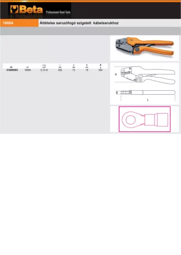 Beta 1608A Áttételes saruzófogó szigetelt kábelsarukhoz