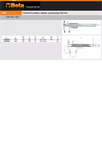 Beta 1650 200 Tolómérő acélból, tokban, pontosság 0.05 mm 200mm