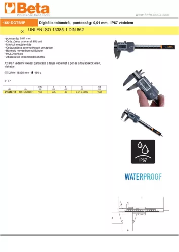 Beta 1651DGTB/IP Digitális tolómérő,  pontosság: 0,01 mm,  IP67 védelem 150mm