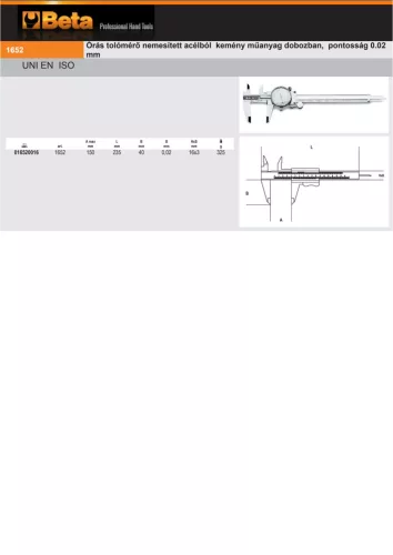 Beta 1652 Órás tolómérő nemesített acélból kemény műanyag dobozban, pontosság 0.02 mm 150mm