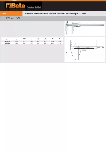Beta 1654 Tolómérő rozsdamentes acélból, tokban, pontosság 0.02 mm 200mm
