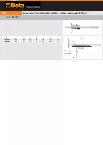 Beta 1656 Mélységmérő rozsdamentes acélból, tokban, pontosság 0.02 mm 200mm