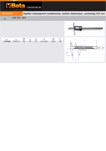 Beta 1657DGT/2 Digitális mélységmérő rozsdamentes acélból, fadobozban, pontosság: 0.01 mm 200mm