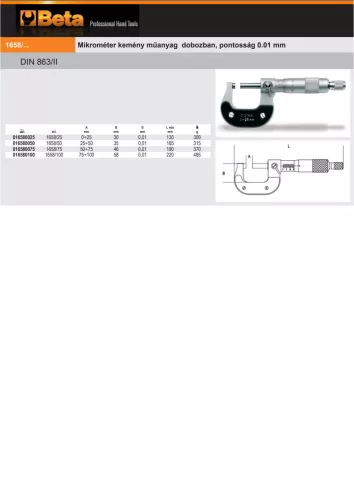 Beta 1658/100 Mikrométer kemény műanyag dobozban, pontosság 0.01 mm 75÷100mm
