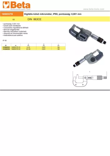 Beta 1658DGTB Digitális külső mikrométer, IP65, pontosság: 0,001 mm 25÷50mm