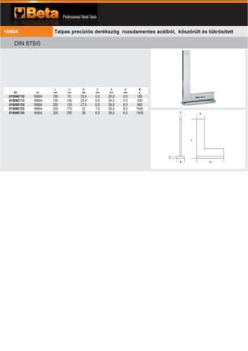 Beta 1666A Talpas precíziós derékszög rozsdamentes acélból, köszörült és tükrösített 100mm