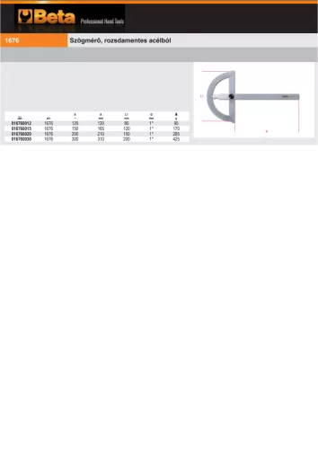 Beta 1676 Szögmérő, rozsdamentes acélból 300mm
