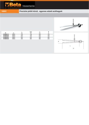 Beta 1680C Precíziós jelölő körző, egyenes edzett acélhegyek 150mm