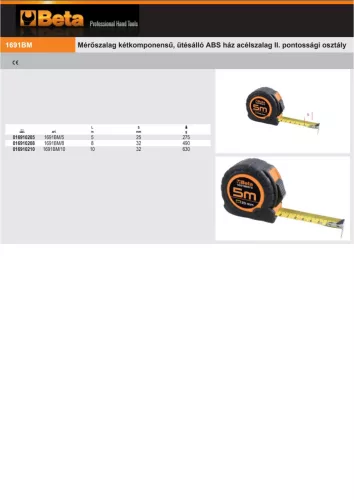 Beta 1691BM Mérőszalag kétkomponensű, ütésálló ABS ház acélszalag II. pontossági osztály 5m