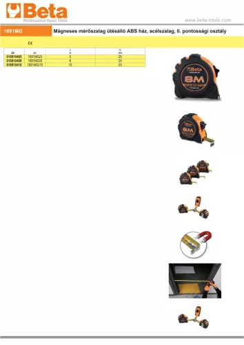 Beta 1691MG Mágneses mérőszalag ütésálló ABS ház, acélszalag, II. pontossági osztály 5m