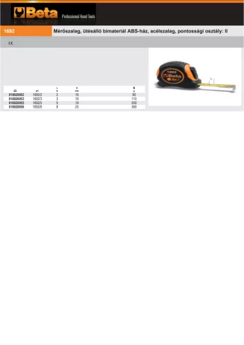 Beta 1692 Mérőszalag, ütésálló bimateriál ABS-ház, acélszalag, pontossági osztály: II  2m