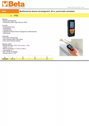 Beta 1693L Multifunkciós lézeres távolságmérő, 40 m, pozicionáló szintekkel