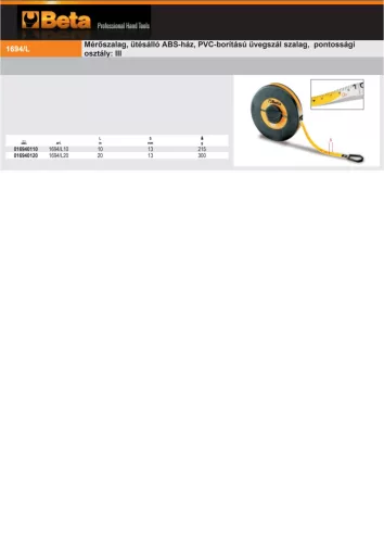 Beta 1694L Mérőszalag, ütésálló ABS-ház, PVC-borítású üvegszál szalag, pontossági osztály: III 10m