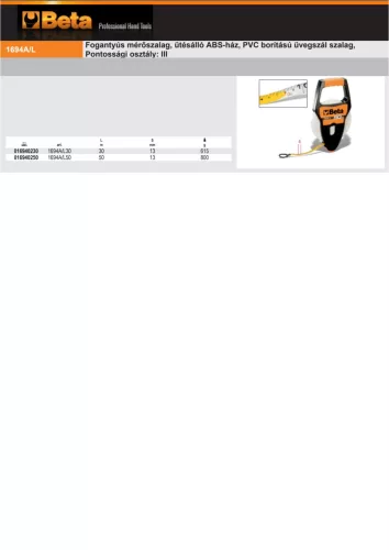 Beta 1694A/L50 Fogantyús mérőszalag, ütésálló ABS-ház, PVC borítású üvegszál szalag, Pontossági osztály: III 50m